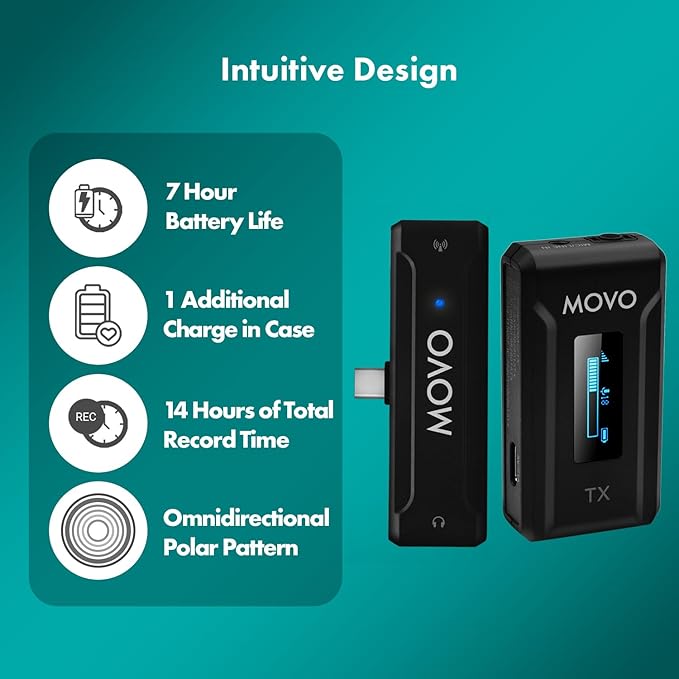 Movo WMX-2-C Wireless Microphone for USB-C Devices – Wireless Lavalier Mic System with Charging Case – Clip-On Lapel Mic for iPhone 15 and Up, Android, iPad Pro, MacBook – 7HR Battery, 328ft Range
