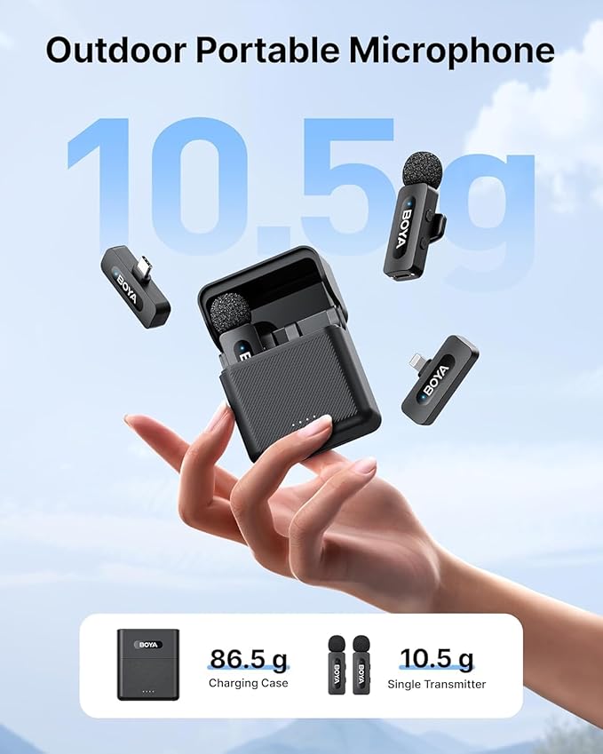 BOYA V3 Combo Wireless Microphone for iPhone/Andriod/PC/Laptop with USB-C/Lightning Port, 36H Battery Life with Charging Case, Noise Canceling Lapel Microphone Wireless Mini Mic for Video Recording