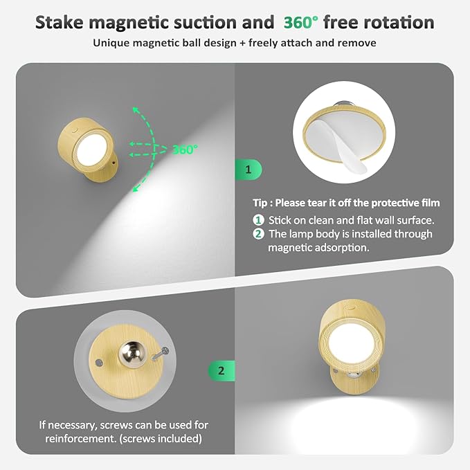 Lightbiz LED Wall Sconces, Wall Mounted Lamp 2 Pcs with Remote Rechargeable Battery Operated, 3 Color Temperatures & Dimmable Wall Lights Magnetic 360° Rotation Light
