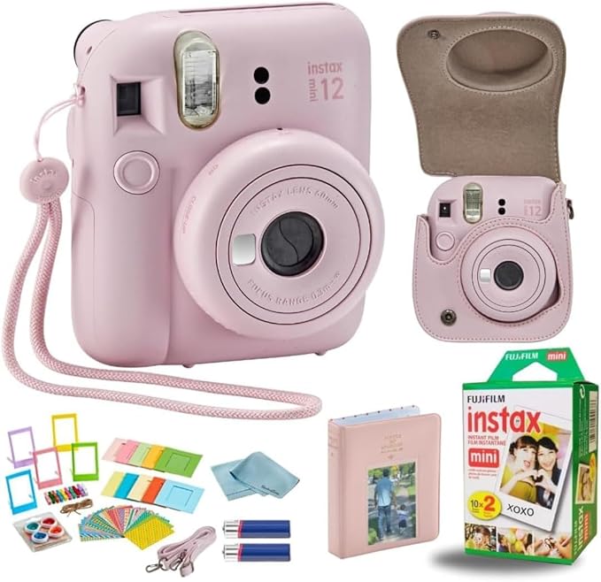 Fujifilm Instant Mini 12 Camera + Accessory Bundle & Compatible Custom Case + Fuji Instant (20 Shots) Designer Mini Photo Album (60 Pockets) (Blossom Pink)