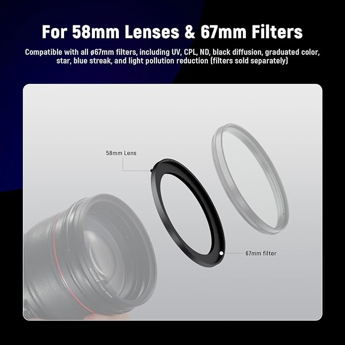 NEEWER 58-67mm Step Up Ring Adapter (2 Pack) with Cleaning Cloth, Ultra Slim Aluminum Alloy Lens Filter Adapter Ring for 58mm Camera Lens to Use 67mm Filter