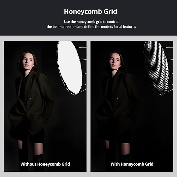 23.6inch/60cm Parabolic Softbox Bowens Mount with Honeycomb Grid,Diffusers,Bullion Tablet,Quick Set-up Release Foldable Softbox for Strobe Flash Studio Photography and Other Bowens Mount Lights