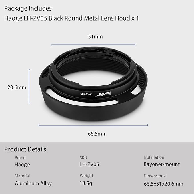 Haoge LH-ZV05 Round Metal Lens Hood for Carl Zeiss Biogon T* 2/35 35mm f2 ZM, C Biogon T* 2.8/35 35mm f2.8 ZM, Planar T* 2/50 50mm f2 ZM; Voigtlander NOKTON Classic 35mm f1.4 VM, 40mm f1.4 VM as LH-6