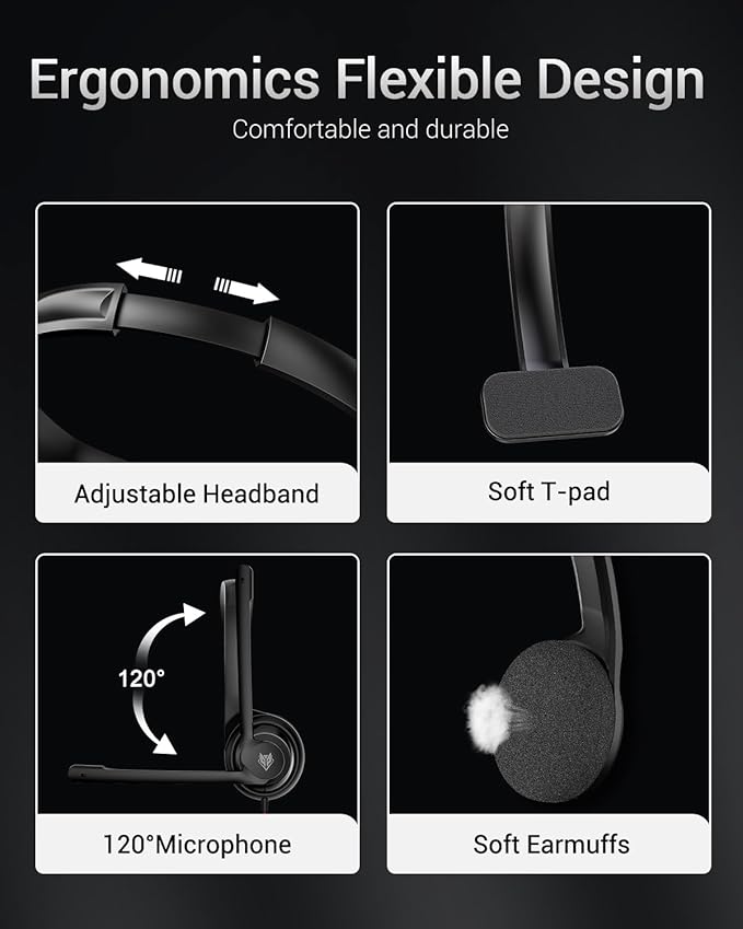 NUBWO HW02 USB C/3.5 Headset with Microphone,Computer Headset with in-line Mute & Volume Control,Wired Headset for Laptop,Skype,Zoom,Call Center,Meetings,Webinar,Home, Black