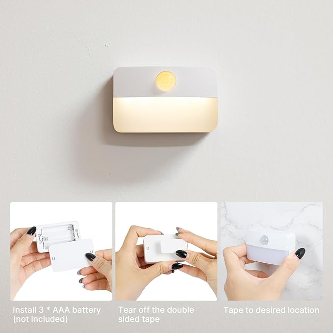 3 Pack Motion Sensor Stair Light for Indoor, Battery Operated Closet Lights, Wireless Stick on Anywhere Hallway Lamp, Portable Led Night Lamps for Bedroom Under Cabinet Kitchen