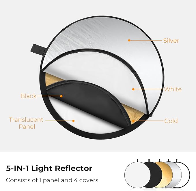 K&F CONCEPT 5-in-1 Light Reflector 22" (56cm) Photography Diffuser Collapsible Portable for Studio and Outdoor Lighting Gold Silver White Black Translucent