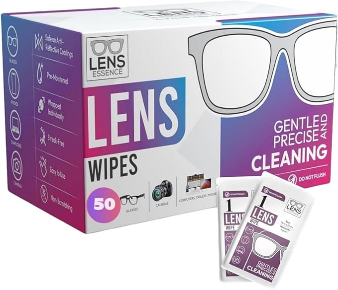 Eye Glasses Cleaner Wipes - Lens Wipes for Eyeglasses - Individually Wrapped Wipes - Multipurpose Cleaner for Cameras and Sunglasses, 50 Count