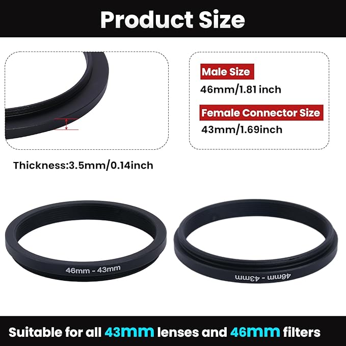 Metal Step Down Ring Filter Adapter - 46mm to 43mm - Metal Ring Step Down Rings Adapter Filter Compatible with All 43mm UV, CPL, ND, Lens Hood, Threaded Lens ect