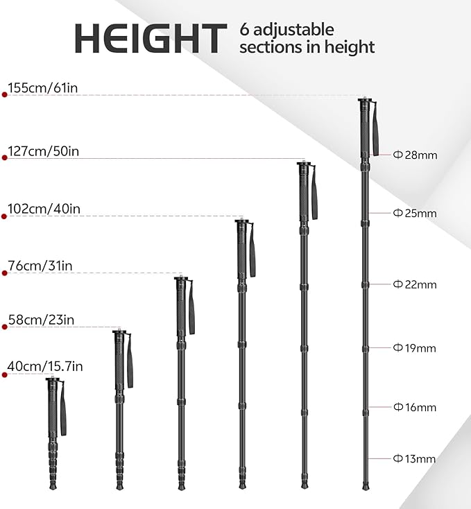 TONYBOO 61” Monopod for Camera,Φ28mm 6-Section Aluminum Camera Monopod Stand, with Wrist Strap, Rubber Grip, Twist Locks, Compatible with Photography DSLR Camera Mirrorless, Max Load 40 lbs - TA-5L