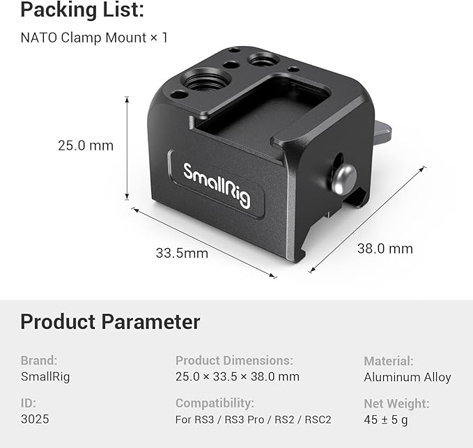 SmallRig NATO Clamp Accessory Mount for DJI RS 5 / RS 4 Mini/RS 2 / RSC 2 / RS 3 / RS 3 Pro/RS 3 mini/RS 4 / RS 4 Pro Gimbal - 3025