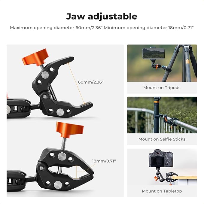 K&F Concept Magic Arm with Super Clamp + Double Camera Super Clamp for Chair, Pole, Tripod, 1/4" Threads Max Load Capacity 1.5KG