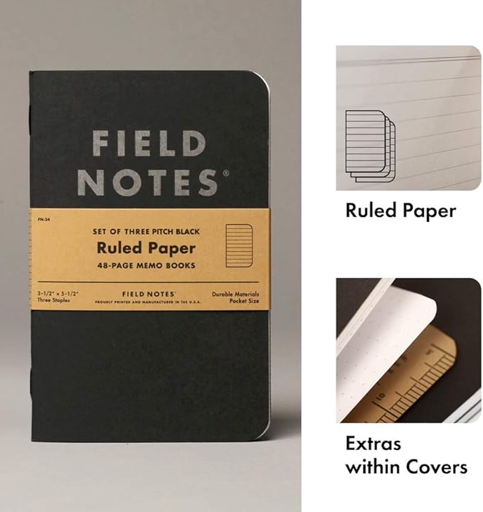 Field Notes 3-Pack Pitch Black Memo Books (3.5" X 5.5"), Ruled, 48 Pages | Thin Pocket Sized EDC Notebook With 90 GSM Paper & Paperback Cover | Work Notebooks For Note Taking | Made in the USA