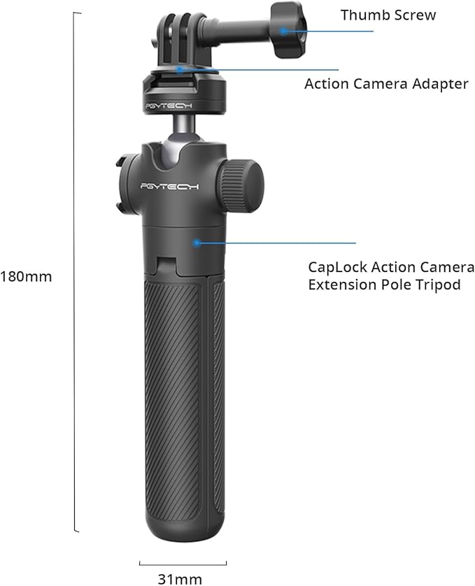 PGYTECH CapLock Action Camera Extension Pole Tripod for OSMO Action 4/3/2, OSMO Pocket 2, Gopro Hero 11/10/9/8, ONE RS/R/X3, XiaoYi, Feiyu Action Camera Quick-Release Design