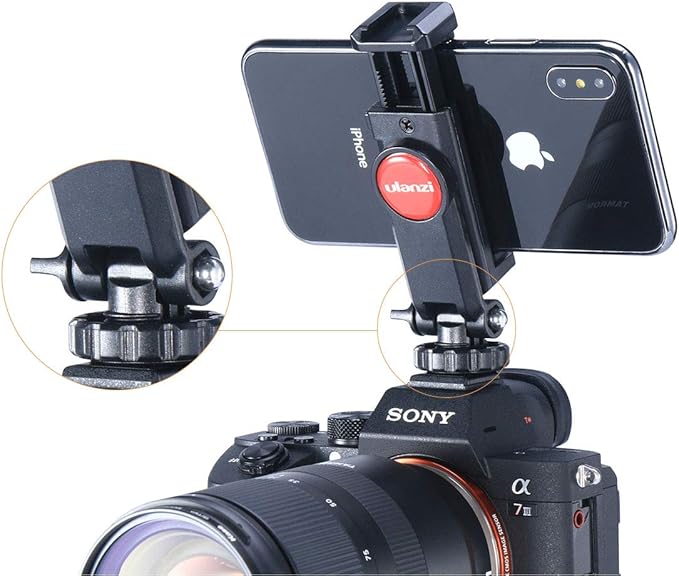 ULANZI ST-06S Camera Hot Shoe Phone Holder Flexible Phone Tripod Mount Adapter w Double Cold Shoe Mount for Microphone LED Light, DJI Ronin SC iPhone Samsung Canon Nikon DSLR Photography