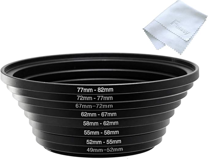 Fotasy Anodized Black Metal Filter Step Up Ring Set, Stepping Lens Adapter Rings 49-52mm 52-55mm 55-58mm 58-62mm 62-67mm 67-72mm 72-77mm 77-82mm (SRU)