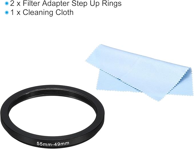 PATIKIL 55mm-49mm Metal Step Down Ring with Cleaning Cloth, 2 Pack Camera Lens Filter Adapter Ring Aluminum Filter Adapter Ring for Camera Lenses Hood, Black