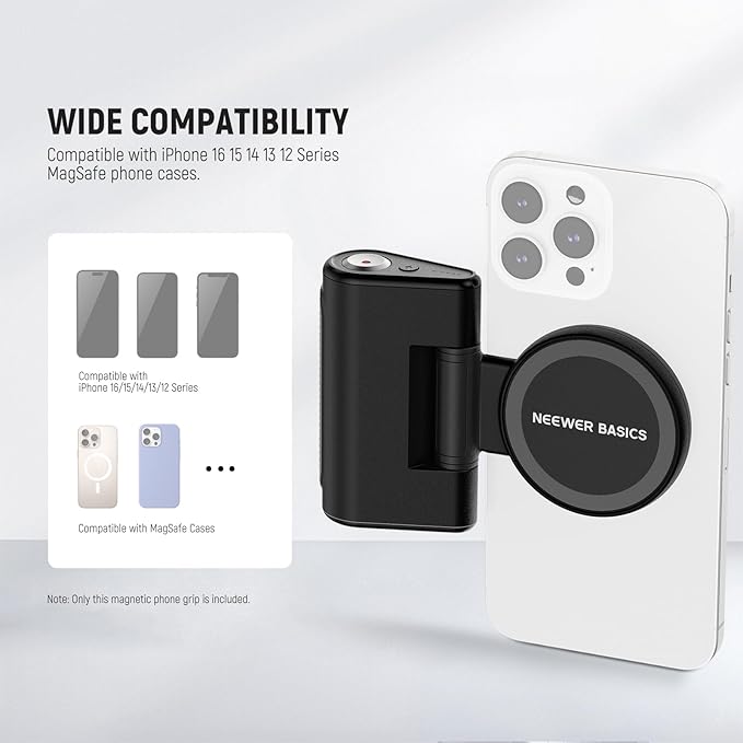NEEWER Basics Magnetic Phone Camera Grip Handle with Shutter Remote Compatible with MagSafe iPhone ONLY, 18W Magnetic Charging, 5000mAh Rechargeable for Vlog Selfie Tripod Video Recording, WS-25001