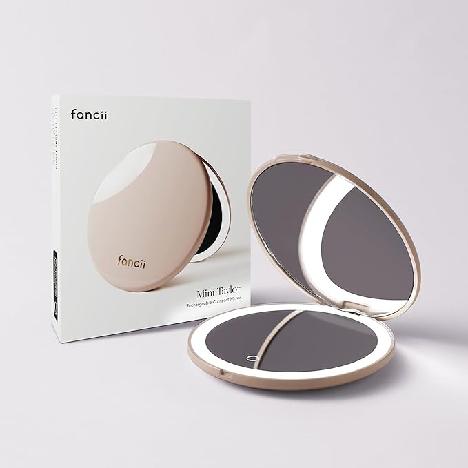 Fancii Mini Taylor Compact Magnifying Mirror with LED Light, 10x/1x, Rechargeable, 3 Light Settings, Dimmable - Small Lighted Travel Handheld Mirror for Pocket, Handbag, Purse, 2-Sided (Desert Sands)