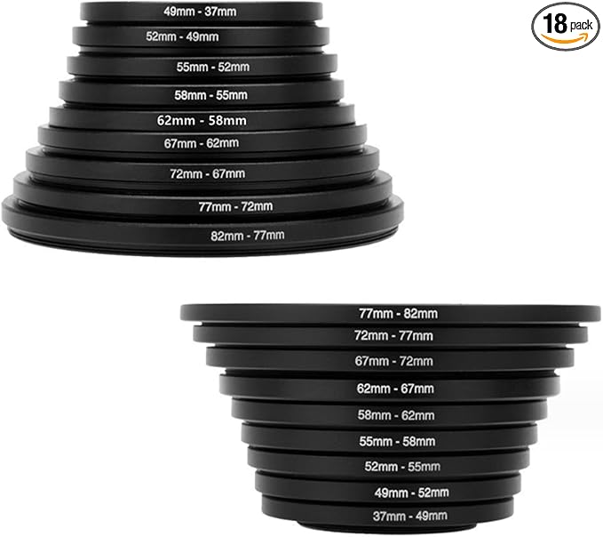 Filter Ring Adapter Set 18 Pieces, Camera Lens Filter Stepping Rings Kit, Lightweight and Durable Aluminum, 9 Pcs Step Up Rings Set and 9 Pcs Step Down Rings Set, Black