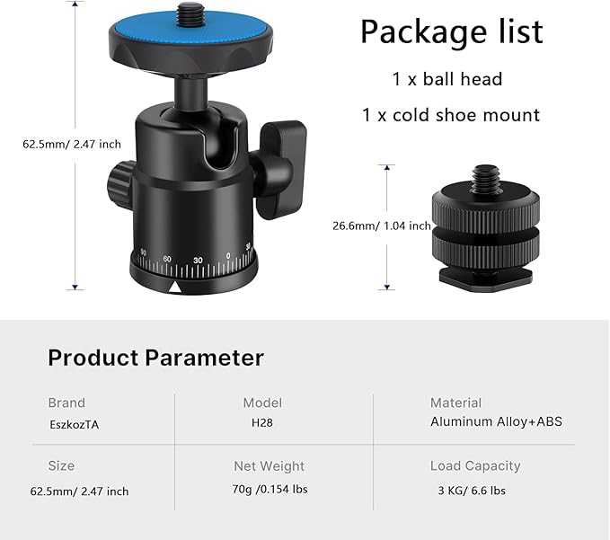 Universal 1/4" Swivel Mini Ball Head Screw Tripod Mount with Hot Shoe Mount, EszkozTA 360° Panoramic Rotating Mount Base Adapter for DSLR Cameras HTC Vive Tripods Monopods Light Stand
