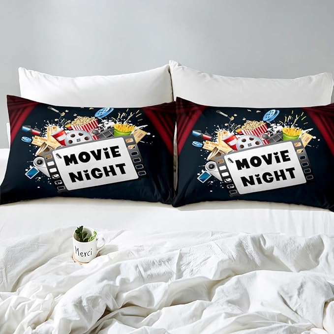 Erosebridal Movie Bed Sheets Set Twin Size for Boys Girls Family Home Theater Decor Sheet Set Movie Lover Theater Theme Bedding Sets Retro Vintage Film Themed Fitted Sheet 3 Pcs