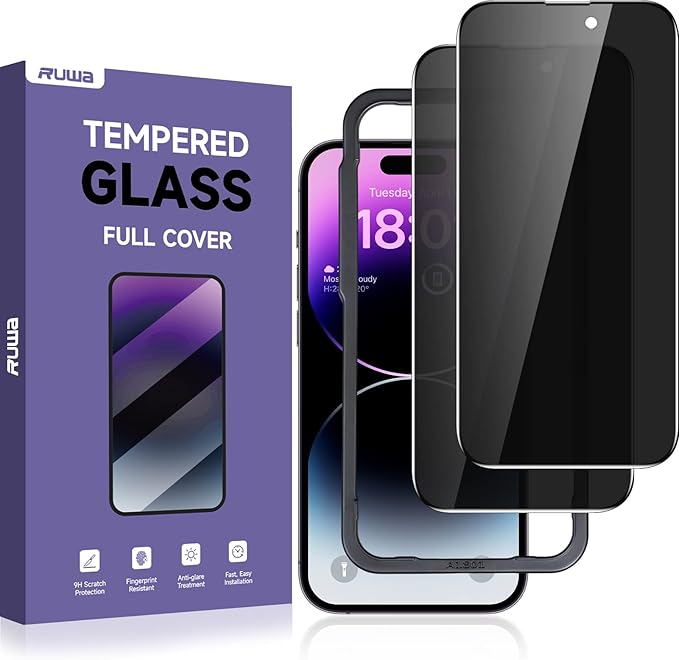 ruwa Privacy Screen Protector for iPhone 14 Pro [2-Pack][6.1 Inch] Display Tempered Glass Film with Easy Installation Frame, Ultra HD, 9H Hardness, Scratch Resistant, Case Friendly, Full Coverage