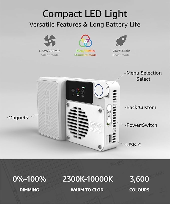 Amaran Ace 25c Kit RGB Video Light,25W On Camera Pocket Video Light CCT 2300k-10000k, 5,908 lux @ 0.5m Illumination,with Rechargeable Battery and PD Charging (White)