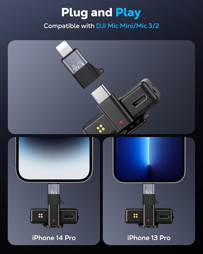 MoKo for DJI Mic Mini USB C to Lighting Mobile Phone Adapter - Lightning to USB-C Audio Adapter for iPhone 14/13/12/11/Apple EarPods/Wireless Mic Receiver/Mobile Phone, Support Charging -1 Pack