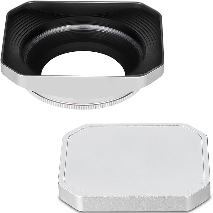 Haoge Squaret Metal Lens Hood for Fujifilm XF23mm F2.8 on XE5 Cemera Body kit & Fujinon XF27mmF2.8 R WR Lense,with Metal Cap,39mm Screw-in Hood Silver