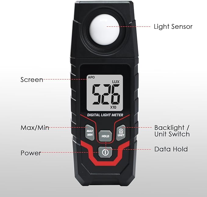 Light Meter Digital Illuminance Meter, Lux/Foot Candles Meter, Range up to 200,000 Lux Handheld Photometer with 4 Digit LCD Display Backlit Light Meter Photography Luxmeter for LED Plants