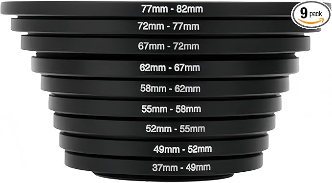 Camera Lens Filter Adapter Ring Kit, Step Up and Step Down, 37mm-82mm, Aluminum Alloy, 9 Piece Set, Black (9PCS up 37 to 82)