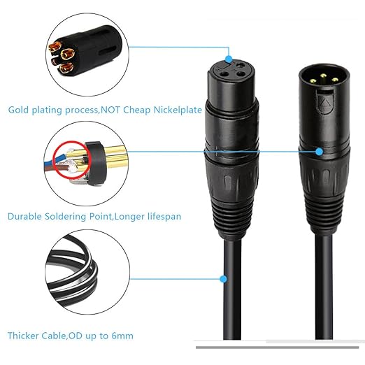 6ft DMX Cable, Gold-Plated 3 Pin Signal XLR Male to Female DMX Cable Wire, Best for DJ Stage Lighting Moving Head Lights Par Light (4 Pack)