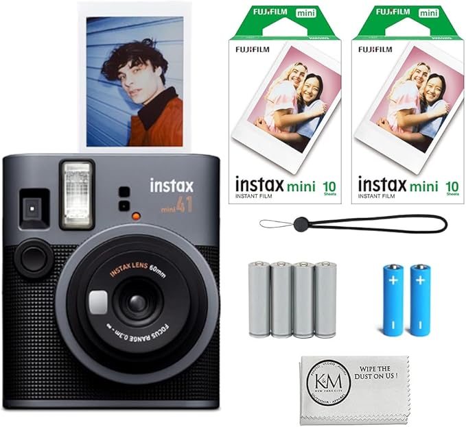 FUJIFILM INSTAX Mini 41 Instant Camera Bundle with Instax Mini Film | 20 Exposures + 4 Pack AA Batteries + Cleaning Cloth (4 Items)