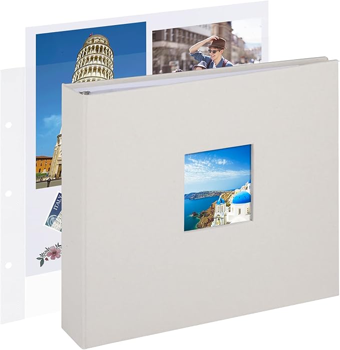 1DOT2 10x10 Inch 3 Ring DIY Scrapbook Photo Album Journal with 30 Plastic Sleeves 60 Pages and Fabric Cover for Baby Travel Wedding Couple Anniversary kids Adventure (Beige Cover/White Pages)