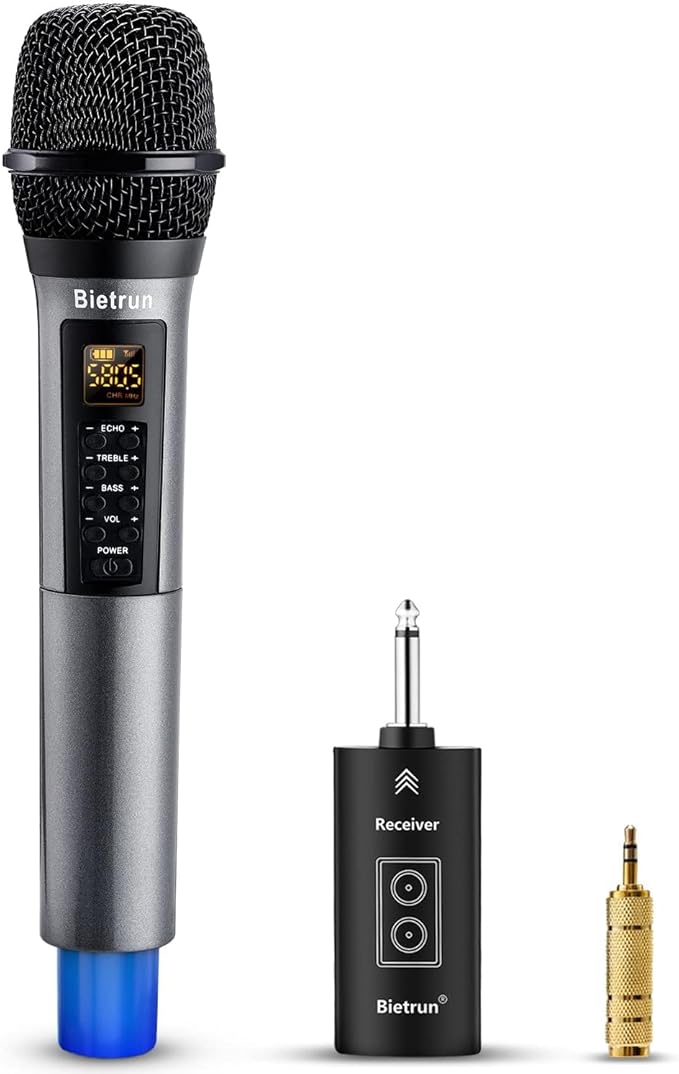 Wireless Microphone, Uhf Metal Dynamic Handheld Karaoke Mic, Rechargeable Receiver (Work 6hs),160ft Range, for Karaoke, Singing, Stage, Wedding, Speech, Karaoke Machine, Speaker, Amplifier, Mixer