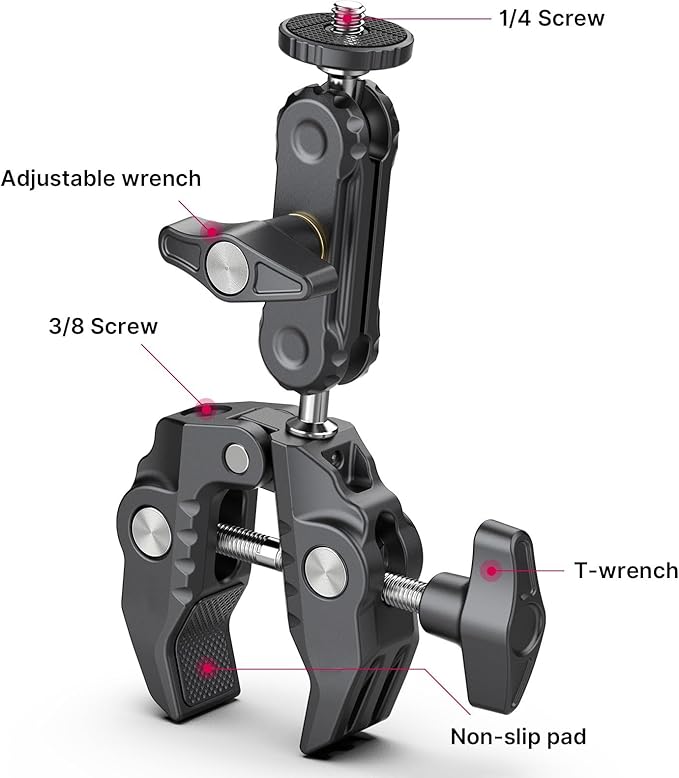 XIAOTJ Super Clamp Camera Mount with Magic Arm Double 360° Ballhead and Phone Tripod Mount/Action Camera Adapter for Phone/GoPro DJI Insta360/Monitor/DSLR/Motorcycle Bike Handlebar Gun Scope Mounts