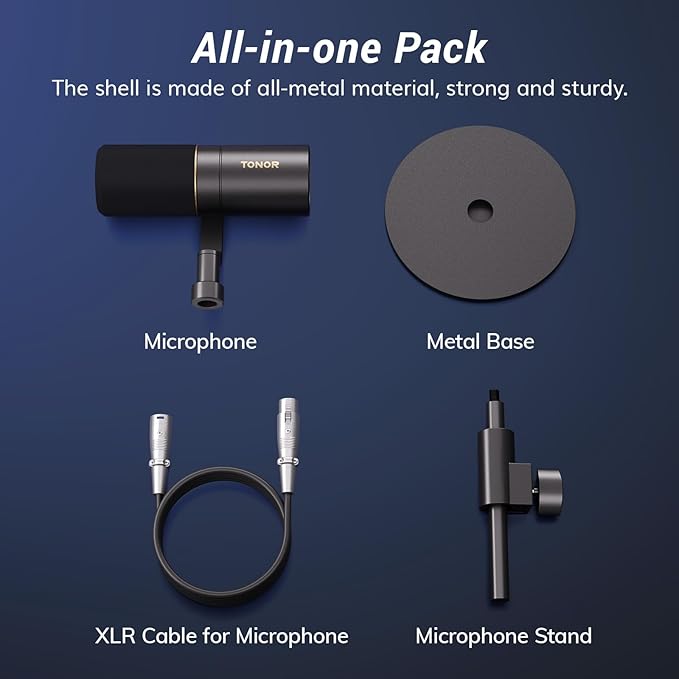 TONOR Dynamic Podcast Microphone, XLR Mic for Recording, Streaming, XLR Cardioid Mic with Quick Mute, Volume Control, 200 cm/78inch Cable, with Desktop Stand, Audio Interface Needed, Black, TD520X