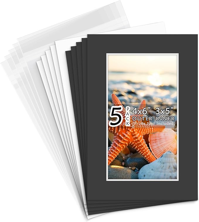 Golden State Art, Acid Free, Pack of 5, 4x6 Black Picture Mats Mattes with White Core Bevel Cut for 3x5 Photo + Backing + Bags
