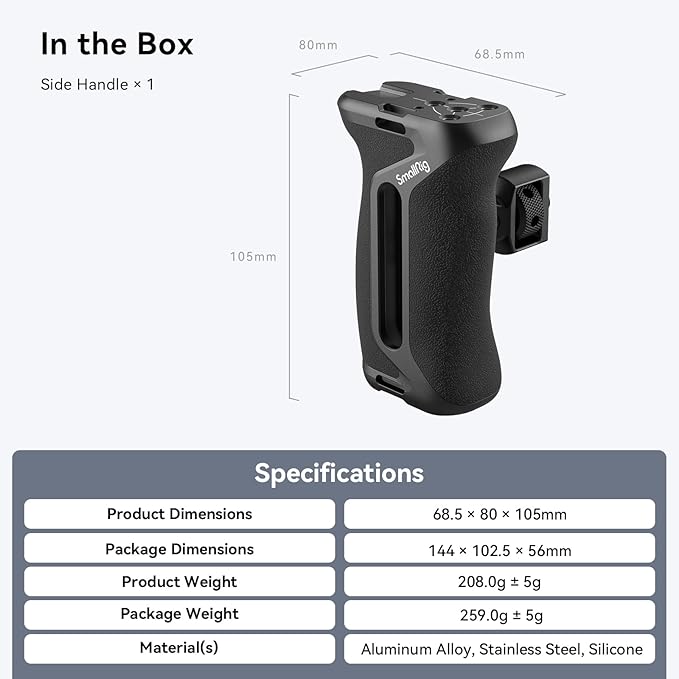 SmallRig Side Handle with (1/4" & 3/8") Two-in-One Locating Screw, Stretchable Mounting Point, Ergonomic Handgrip with 36mm Up/Down Adjustable, Left/Right Hand Universal