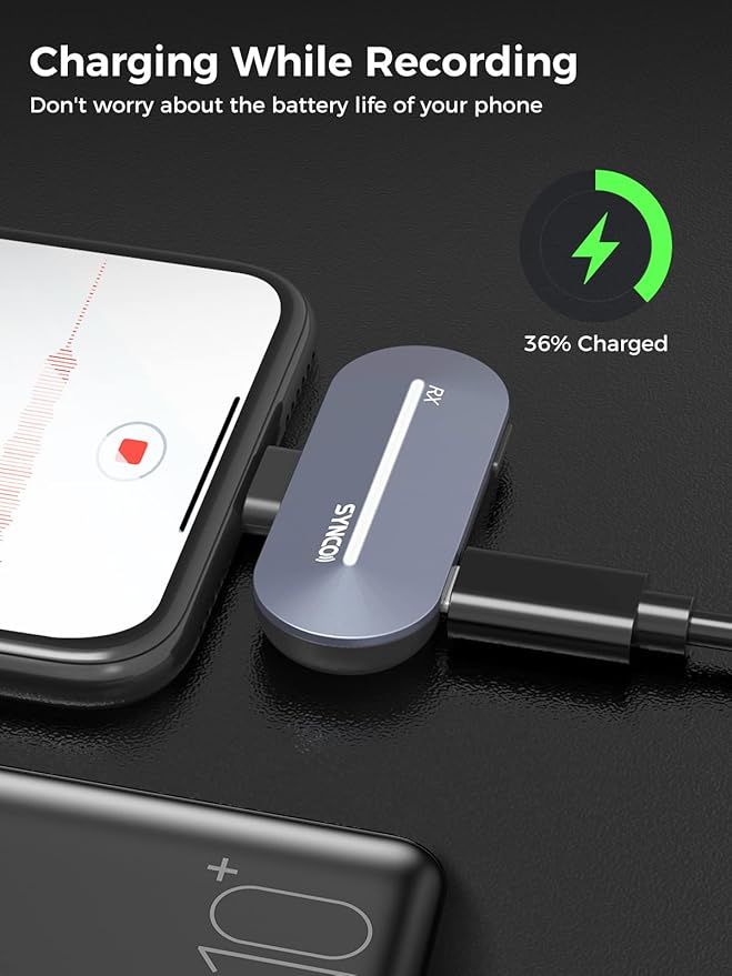 SYNCO P2L Wireless Lavalier Microphone for iPhone, Dual Mic Noise Reduction, Charging Case, Plug Play, 2.4GHz, 45mins Shooting Time