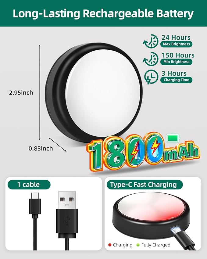Puck Lights with Remote, 1800mAh Rechargeable Under Cabinet Lighting, 3 Color Temps & 7 RGB Colors, Long-Lasting Dimmable Stick-On Lights for Cabinet, Kitchen, Shelf, Party 1-Pack
