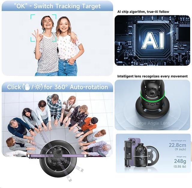 P03 Mobile Phone, Handheld Camera Mount, Smart 360-degree Automatic Rotation AI Face Tracking and Recognition Live Shooting 4 in 1 Foldable Selfie Stick Tripod Anti Shake Smartphone Mobile Gimbal