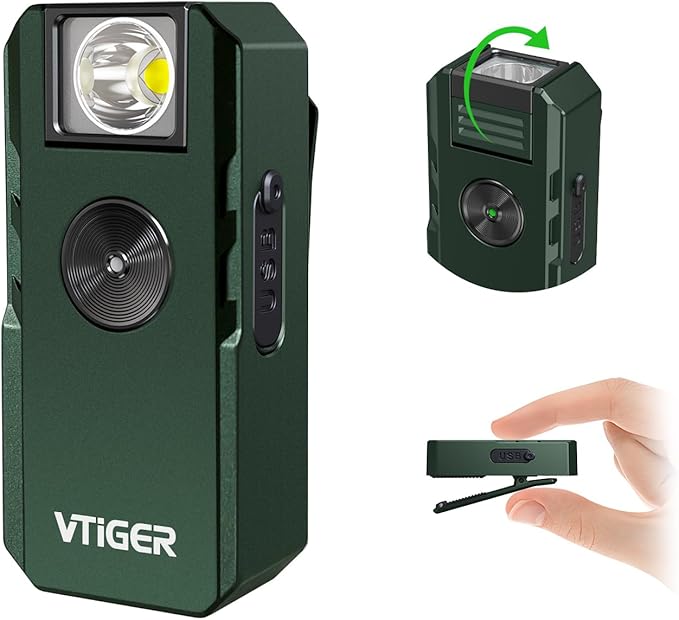 VTIGER C1 Rechargeable EDC Flashlight Clip-on Light, 1300 Lumens Powerful Portable Mini Swivel Clip Light,Multi-Mode,IPX6 Waterproof, Magnetic Small Pocket Lights for Cycling,Working,Emergency,Signal