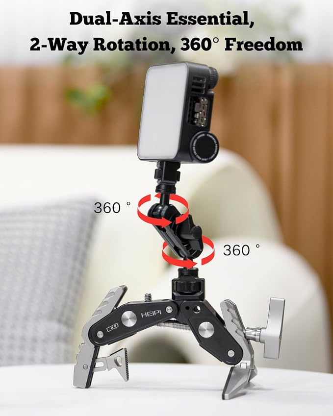 HEIPI Super Clamp Camera Mount Holder - Sabertooth C100 with 360° Ballhead Magic Arm MA175 and Phone Clip PC01 for Tripod Accessories, Round Tube, Flat Surface