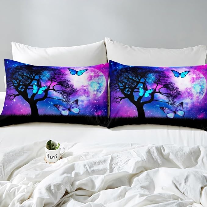 Blue Butterfly Twin Bedding Sets for Girls Purple Starry Sky Bed Sheets Cute Butterfly Print Sheet Set Gradient Galaxy Fitted Sheet Dream Themed Sheets for Boys Teen Kids Lovely Insect Decor Bed Set