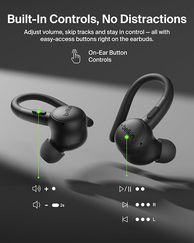 Belkin SoundForm ActiveFit Wireless Earbuds w/Built-in Microphone, USB C Fast Charging, 36H Battery Life, IP54 Water Resistance - Bluetooth Earbuds for iPhone, iPad, Galaxy, Pixel, & More - Black