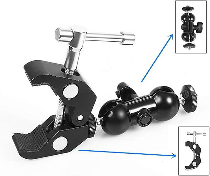 WANBY Double Ballhead Magic Arm Camera Clamp Mount Monitor Mount Bracket with Super Clamp with 1/4" and 3/8" Thread for DSLR Camera Rig, LCD Monitor, LED Flash Lights