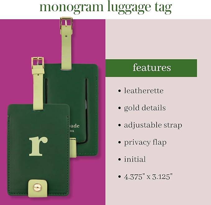 Kate Spade New York Leatherette Luggage Tag with Secure Strap, Colorful Suitcase Identifier for Travel, Monogram Bag Tag ID (R) (Pack of 2)