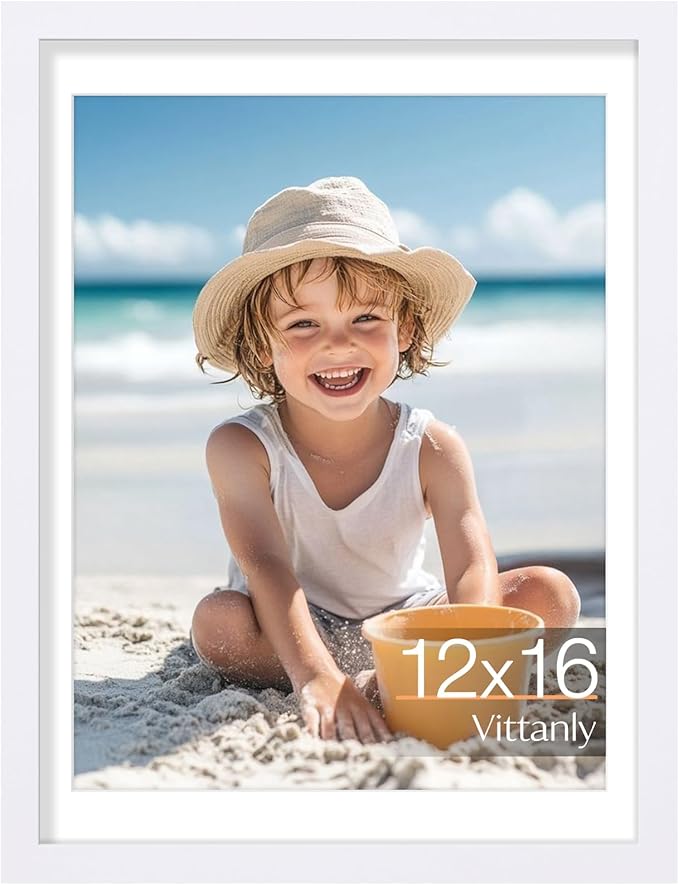 Vittanly 12x16 Picture Frame,Made of Solid Wood and Shatterproof Plexiglass, Display Pictures 11x14 with Mat or 12x16 without Mat, Wooden Photo Frame for Wall Mounting, White, 1 Pack