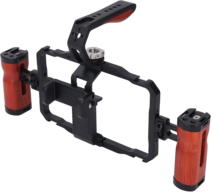 Aluminum Alloy Detachable Dual Wooden Handles Phone Cage for Cellphone Handheld Stabilizer, Smartphone Video Rig Kit, Universal Phone Video Rig Kit for Vlogs Videos Live Streaming